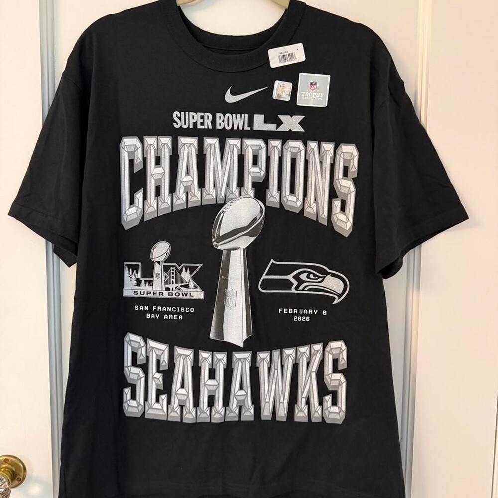 NWT Nike Seahawks Super Bowl LIX Champions black t-shirt with white graphic feat